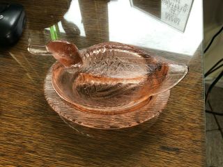 Vintage Pink Or Peach Colored Depression Glass Duck Candy Dish With Lid