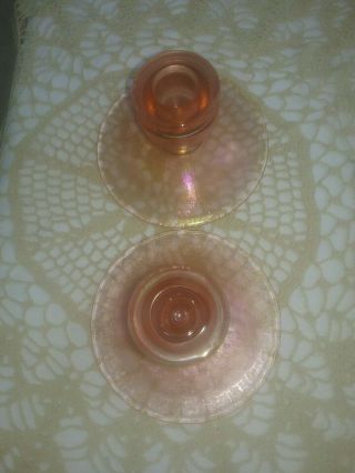 Pair Pink Iridescent Carnival Glass Taper Candle Holders 2 & 5/8 " T