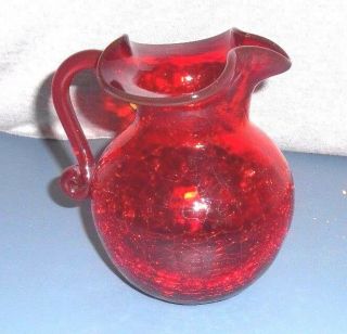Ruby Crackle Glass Pitcher Applied Red Handle Hand Blown W Pontil Mark