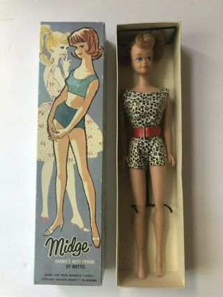 Vintage 1960’s Midge Doll Blonde 860 Straight Leg Orig Box Stand Barbie Mattel