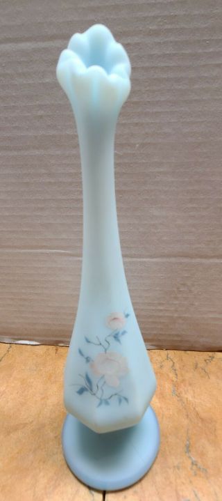 Fenton Blue Custard Glass Bud Vase With Pink Roses Signed S Kirby