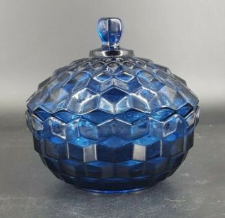 Vintage Indiana Glass Colonial Blue Covered Candy Dish Whitehall Cubist Pattern