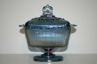 Vintage Indiana Blue Carnival Glass Candy Dish With Lid Lace Edge