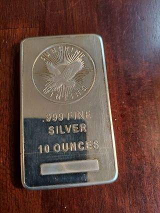 10 Oz Sunshine Silver Bar.  999 Fine Silver Bullion