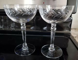 Set Of 2 Fostoria Etched Crystal Champagne Glasses Holly Wedding Toast Saucer