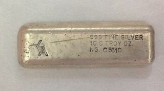 Vintage 10.  0 T.  Oz.  " Golden Analytical " Silver Bar/ingot.  999 F.  Poured 05610