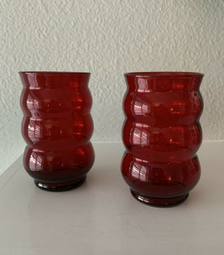 2 Vintage Mid Century Modern Red Glass Juice Glasses 3 3/4”