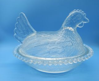 Vintage Indiana Glass Clear 7 " Rooster Chicken Hen On Nest Candy Dish