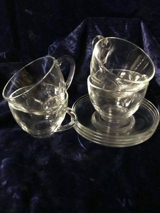 4 Classique Arcoroc France Clear Glass Cups With Saucers
