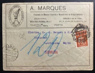1921 Porto Portugal Advertising Electric Company Cover To Chemnitz Germany
