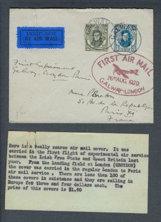 Vegas - 1929 Galway Ireland To London First Experimental Flight Cover - Ex256
