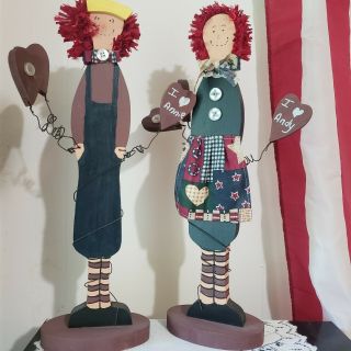 Folk Art Raggedy Ann And Andy Wood Figures 16 " Country Decor