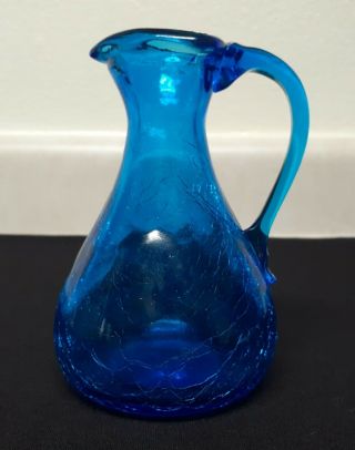 Vintage Cobalt Blue Hand Blown Crackle Glass Pitcher Vase Applied Handle 5 " Tall