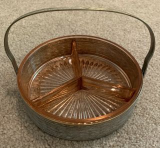 Vintage Depression Glass Pink Divided Relish Candy Dish Silver Plate Basket