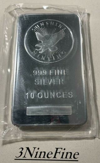 10 Oz Sunshine Minting.  999 Fine Silver Ten Ounce Bar Usa