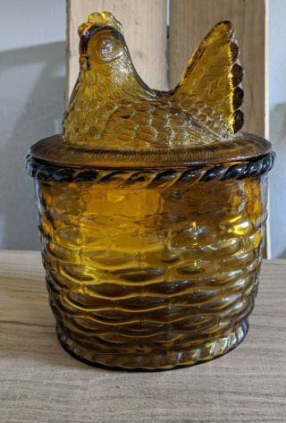 Vintage Amber Glass Hen On Basket Nest,  Cookie Jar