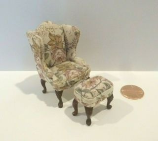 Bespaq Dollhouse Miniature 1/2 " Scale (1:24) Wing Chair With Ottoman