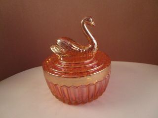 Vintage Jeannette Marigold Carnival Glass Swan Trinket Powder Dresser Box