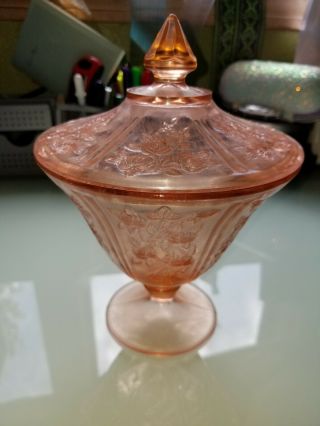 Vintage Pink Depression Glass Dish With Lid 8” Tall.  Rose Pattern.