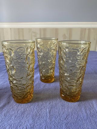 Set Of 3 - Amber Gold Textured Drinking Glasses 6.  5” Tumblers