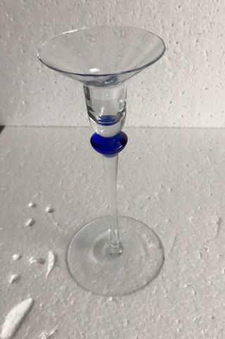 Candle Holder / Stick Clear And Cobalt Blue Art Glass Tall Stem.  - 21cm Tall Vgc