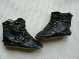 Antique Victorian Leather Doll Boots Shoes Black Bisque Doll 4 " L X 1 5/8 " W