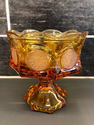 Vtg Fostoria Amber Glass Compote Candy Dish Liberty Bell And Eagle Design