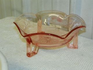 Vintage Pink Depression Glass 3 Footed Serving Dish Etched Flowers & Leaves