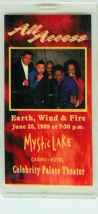 Earth Wind & Fire 1999 All Access Pass - Laminated Mystic Lake Casino Tour