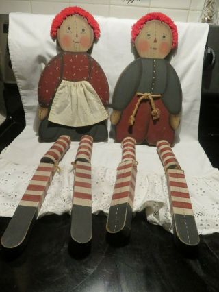 Vintage Raggedy Ann And Andy Hand Made All Wood Jointed Legs Dolls