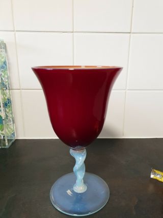 Large Murano Ruby Red Goblet Vase With A Twisted Vaseline Glass Stem
