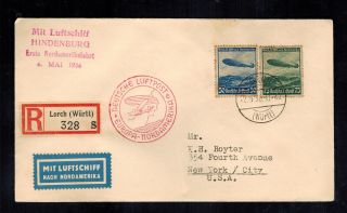 1936 Lorch Germany Hindenburg Zeppelin Lz 129 Ffc Cover To York Usa