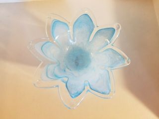 Vintage Murano Handblown Glass Light Blue And White Swirled Flower Bowl.