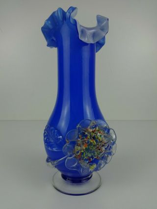 Murano Art Glass Vase Vintage Blue Freeform Top Floral Detailed Flower Display