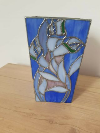 Lovely Vintage Blue Vase With Stained Glass Floral Design
