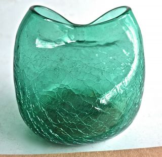 Vintage Blenko Pinched Crackle Glass Teal Green Vase