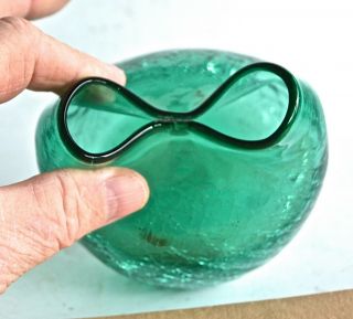 VINTAGE BLENKO PINCHED CRACKLE GLASS TEAL GREEN VASE 3