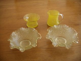 Pair Vintage Ruffled Rimmed Yellow Glass Sweetmeat Bowls,  Cream Jug & Bowl.