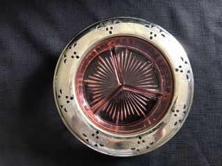 Vintage Pink Depression Glass Divided Condiment/Relish Dish w/Metal Edge 7 1/2 