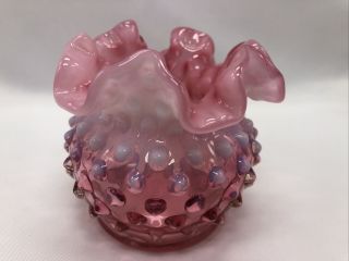 Fenton Glass Cranberry Opalescent Hobnail Vase With Ruffled Edge