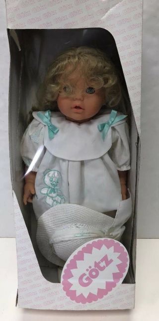 19” Gotz Adorable Blonde Baby Doll 55066 With Hat & Cute White Dress Mib