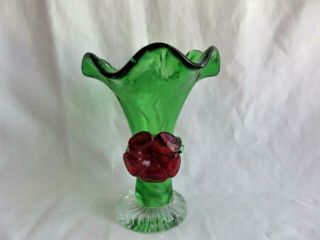 Vintage Hand Blown 5 " Green Glass Vase With Applied Red Flower