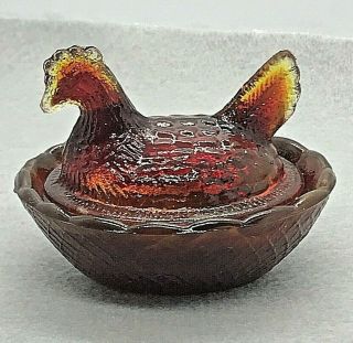 Vintage Amberina Glass Mini Hen On Nest Salt Cellar / Trinket Box