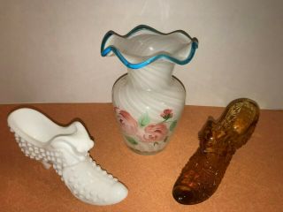 Vintage Fenton Hand Painted Flower Vase Aqua Trim & White Shoe & Gold Shoe Set