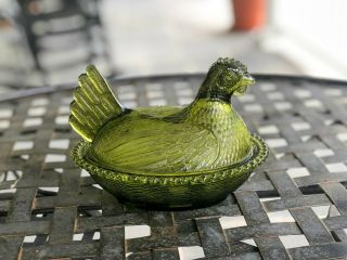 Vintage Indiana Glass Green Glass Hen On Nest Covered Dish Beaded Edge