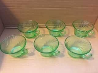 Vintage Depression Glass Green Swirl 6 Cups With Handle