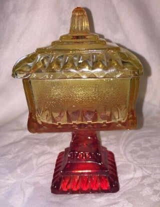 Jeanette Glass " Wedding " Jar/box/ Candy Dish In Amberina 8 1/2 " Height Vgc