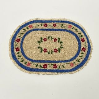Vintage Dollhouse 9 " X 6 " Oval Floral Throw Rug Carpet French Knot Punch Needle