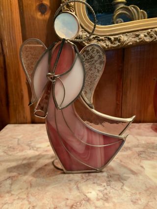 Vintage Glass House Stained Glass Angel Pink & White,  8”