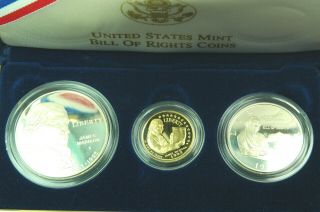 1993 Bill Of Rights 3 Coin Commemorative Set With Gold And Silver Dollar & Half